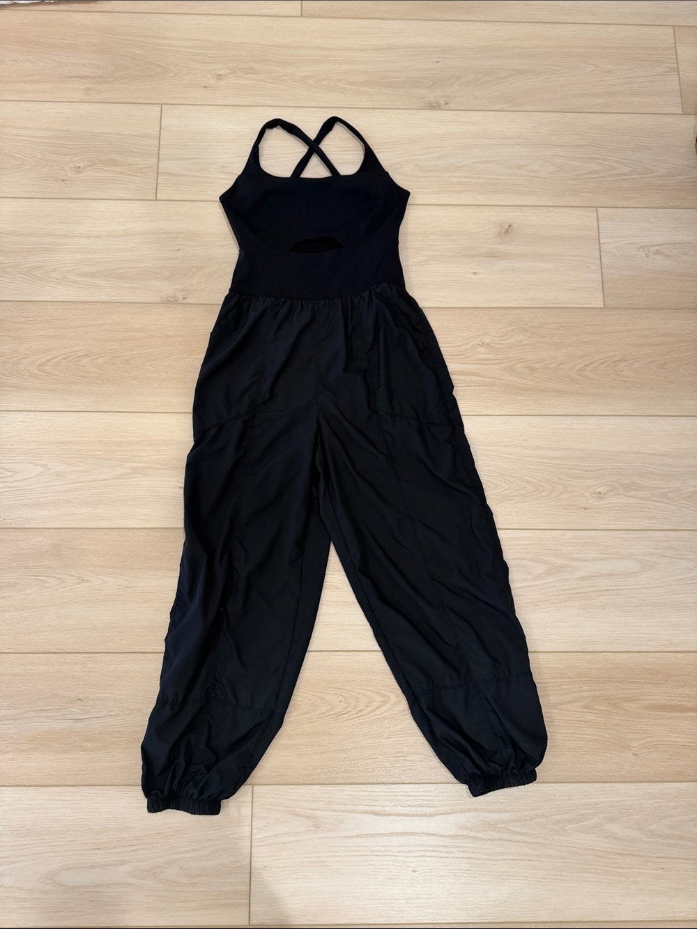 Free People Women's Black Strappy Jumpsuit with Elastic Ankles